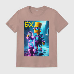 Футболка хлопковая мужская Скейтбордист Барт Симпсон в ночном городе под дожд, цвет: пыльно-розовый