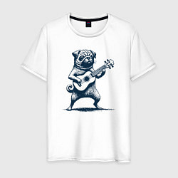 Футболка хлопковая мужская Мопс с гитарой укулеле, цвет: белый