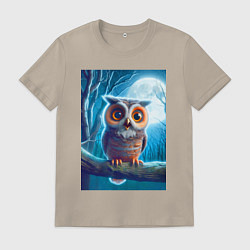 Футболка хлопковая мужская Милый совёнок на фоне луны - нейроарт фантазия, цвет: миндальный