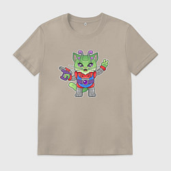 Футболка хлопковая мужская Кот инопланетянин, цвет: миндальный