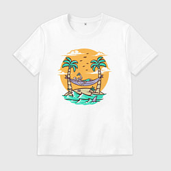 Футболка хлопковая мужская Скелет чилит на острове, цвет: белый