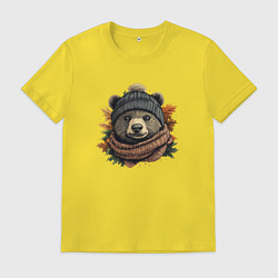 Футболка хлопковая мужская Медведь в шарфе и шапке, цвет: желтый