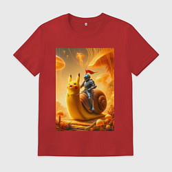 Футболка хлопковая мужская Рыцарь едет на улитке покемоне - сюрреализм, цвет: красный