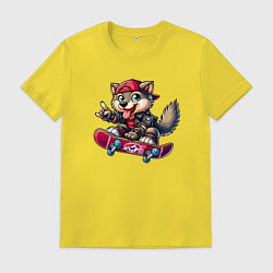 Футболка хлопковая мужская Волчонок крутой скейтбордист - нейроарт, цвет: желтый