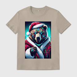 Футболка хлопковая мужская Cyber bear - Santa Claus, цвет: миндальный