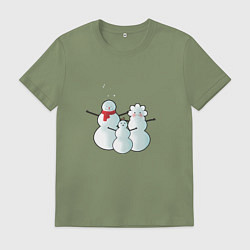 Футболка хлопковая мужская Семья снеговиков, цвет: авокадо