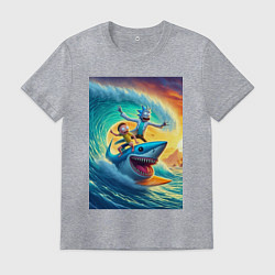 Футболка хлопковая мужская Рик и Морти - сёрфинг на акуле, цвет: меланж