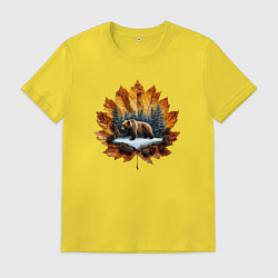 Футболка хлопковая мужская Медведь на кленовом листе, цвет: желтый