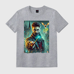 Футболка хлопковая мужская Harry Potter with a magic wand - ai art fantasy, цвет: меланж