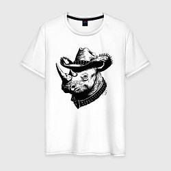 Футболка хлопковая мужская Носорог ковбой, цвет: белый