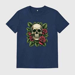 Футболка хлопковая мужская Череп в зеленых листьях и красных розах, цвет: тёмно-синий