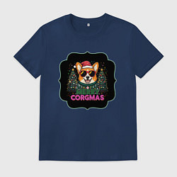 Футболка хлопковая мужская Новогодний пес корги, цвет: тёмно-синий