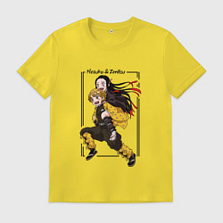Футболка хлопковая мужская Клинок рассекающий демонов: Незуко Камадо и Зеницу, цвет: желтый