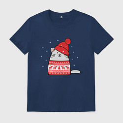 Футболка хлопковая мужская Кот в свитере с оленями и красной шапке, цвет: тёмно-синий