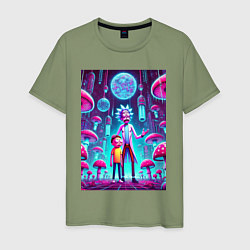 Футболка хлопковая мужская Rick and Morty among neon mushrooms - ai art fanta, цвет: авокадо