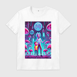 Футболка хлопковая мужская Rick and Morty among neon mushrooms - ai art fanta, цвет: белый