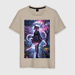 Футболка хлопковая мужская Девушка с катаной на фоне цветущей сакуры, цвет: миндальный