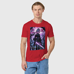 Футболка хлопковая мужская Девушка с катаной на фоне цветущей сакуры, цвет: красный — фото 2