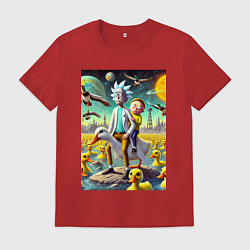 Футболка хлопковая мужская Рик и Морти сидят на утке на одноимённой планете, цвет: красный