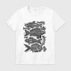 Футболка хлопковая мужская Рыбы в народном стиле с орнаментами, цвет: белый