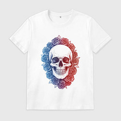Футболка хлопковая мужская Череп и сине-красные розы, цвет: белый