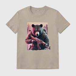 Футболка хлопковая мужская Крутой медведь - спецназ, цвет: миндальный