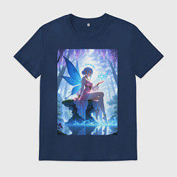 Футболка хлопковая мужская Прекрасная фея посреди лесного пруда, цвет: тёмно-синий