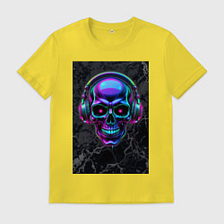 Футболка хлопковая мужская Неоновый череп в наушниках, цвет: желтый