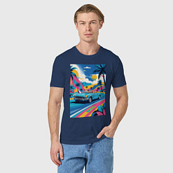 Футболка хлопковая мужская Кабриолет едет по тропическому острову, цвет: тёмно-синий — фото 2