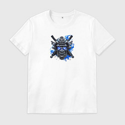 Футболка хлопковая мужская Маска самурая с синим пламенем, цвет: белый