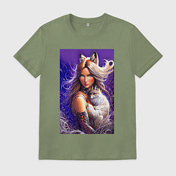 Футболка хлопковая мужская Девушка-лиса с лисёнком нейроарт, цвет: авокадо