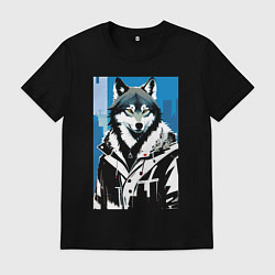 Футболка хлопковая мужская Волк в мегаполисе - нейроарт, цвет: черный