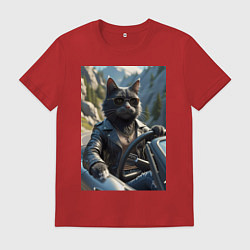 Футболка хлопковая мужская Кот за рулем кабролета, цвет: красный