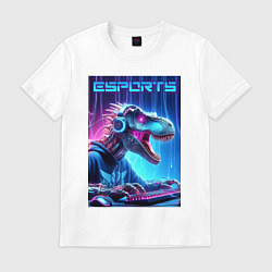 Футболка хлопковая мужская Tyrannosaurus is esports player - neon glow, цвет: белый