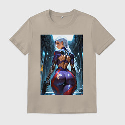 Футболка хлопковая мужская Девушка с оружием в киберпанк стиле, цвет: миндальный