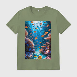 Футболка хлопковая мужская Подводный коралловый риф с рыбками, цвет: авокадо