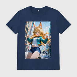 Футболка хлопковая мужская Позитивная лисичка поднимающая настроение, цвет: тёмно-синий