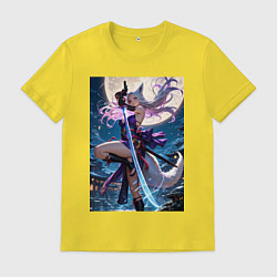 Футболка хлопковая мужская Лисица с катаной на фоне Луны, цвет: желтый
