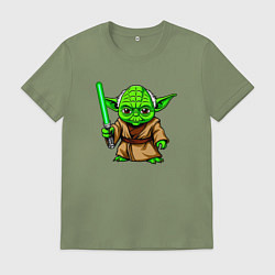 Футболка хлопковая мужская Маленький зеленый Йода с мечем, цвет: авокадо