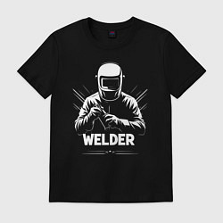 Футболка хлопковая мужская Сварщик в маске и перчатках, цвет: черный