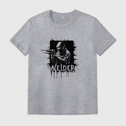 Футболка хлопковая мужская Сварщик в маске на черном квадрате, цвет: меланж