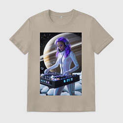 Футболка хлопковая мужская Девушка космо DJ на фоне сатурна, цвет: миндальный