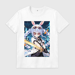 Футболка хлопковая мужская Кролик в очках с мечем, цвет: белый