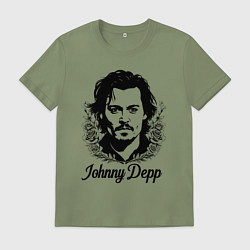 Футболка хлопковая мужская Джонни Депп в цветах, цвет: авокадо