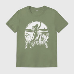 Футболка хлопковая мужская Девушка с мечом в поле, цвет: авокадо