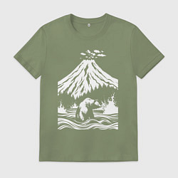 Футболка хлопковая мужская Камчатский пейзаж с вулканом и волнами, цвет: авокадо
