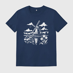 Футболка хлопковая мужская Мельница и тюльпаны, цвет: тёмно-синий