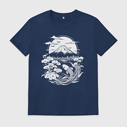 Футболка хлопковая мужская Фудзи и карп кои, цвет: тёмно-синий