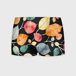 Трусы-боксеры мужские Разноцветные акварельные листья на чёрном, AI, цвет: 3D-принт