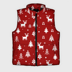 Мужской жилет Новогодние олени и елки на красном фоне, цвет: 3D-черный